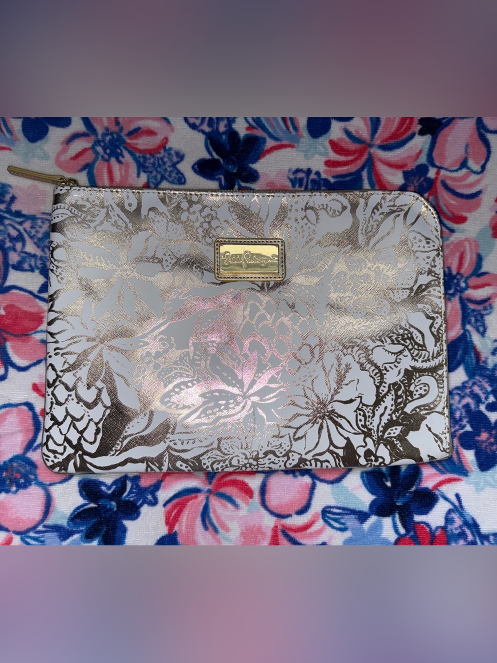 Lilly Pulitzer Gold Floral Zip Around Tablet iPad Folio Organizer + Pouch
